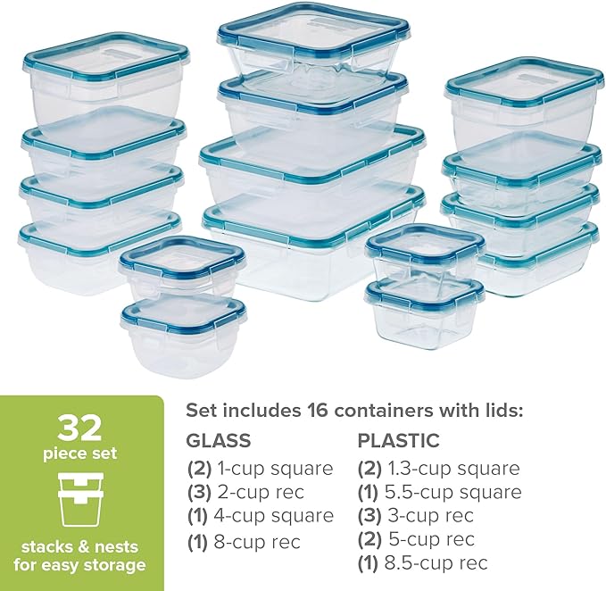 Snapware Total Solution (16-Pack) Glass & Plastic Mix Food Storage Containers Set, Meal Prep Containers with BPA-Free Lids & 4 Locking Tabs, Microwave, Dishwasher, and Freezer Safe