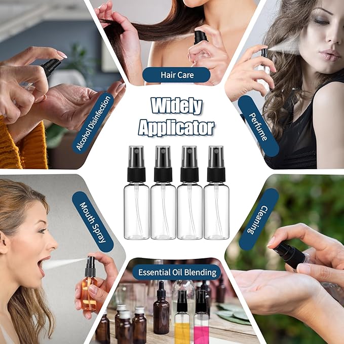 SHENLIU 100 Pcs Mini Clear Spray Bottles 1 oz Plastic Empty Travel Bottle Fine Mist Small Spray Containers with 2 Pcs Funnels Refillable Liquid Travel Containers for Perfume Skin Toner Essential Oils