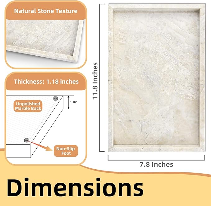 Yew & Tulip Natural Marble Vanity Tray, Luxury Stone with Beige Textures Serving Tray for Bathroom, Kitchen, Vanity, Home Decor, Wedding etc. (12" x 8" x 1.2")