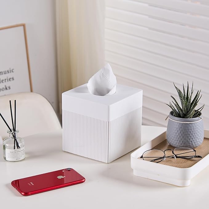 White Tissue Box Cover Square Resin Tissue Holder for Home Decor, Hand Poured Marble Ribbed Cube Tissue Box Holder – 5.5 Inch Heavy Duty Luxury Tissue Box Case for Bathroom, Living Room, Office
