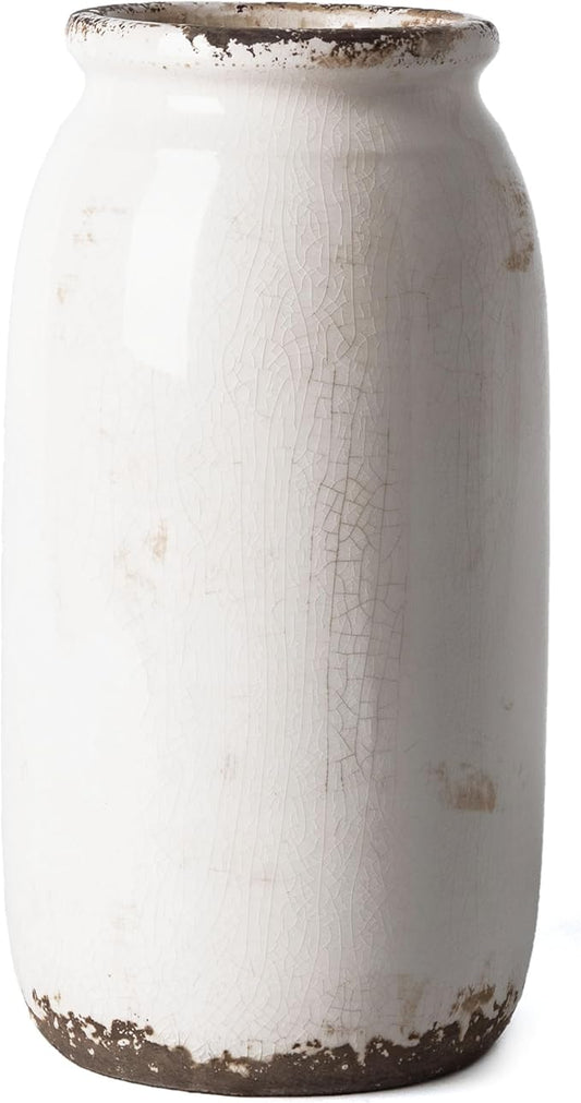 VICTOR & TERESA Rustic White Vase for Home Decor, Ceramic Vases for Flowers, Modern Farmhouse Decorative Vases for Pampas Grass,Table Accent, Mantel, Living Room,Bookshelf, Centerpieces, 8''