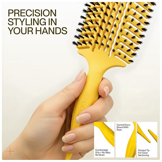 COCCO Aura Vent Boar Brush | Vented Dual-Curved Design for Faster Drying, Effortless Detangling & Shine, Boar + Nylon Bristles, Ergonomic Comfort Handle for Wet & Dry Hair Styling - Yellow