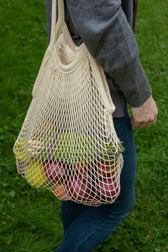 Cotton Mesh Grocery Bags - Reusable Grocery Net Bags - 100% Cotton Mesh Tote Shopping Totes - French Market, Premium Cotton String Tote for Farmers Market, Produce, Grocery or Beach Trip (3 Bags)