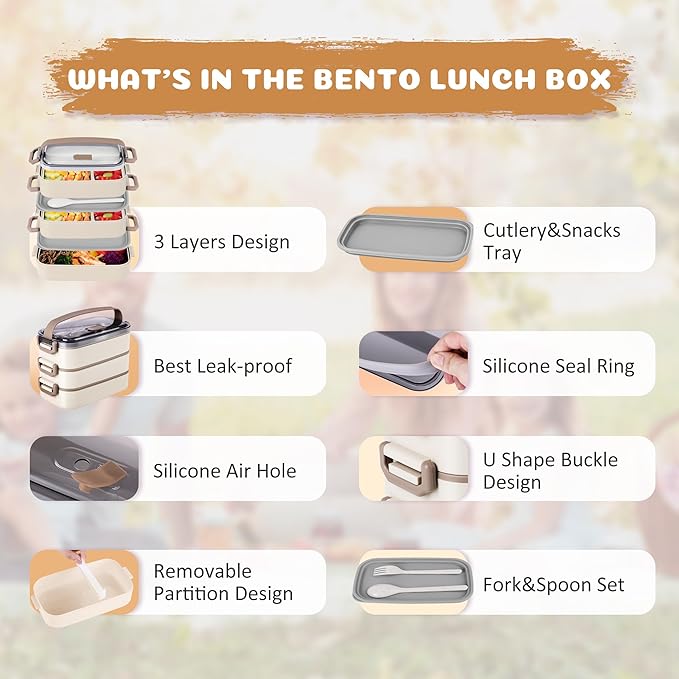 Bento Lunch Box for Kids Women Men, 47oz 2-Compartment Salad Metal Food Prep Pack Container for Lunch, Stainless Steel 3 Layers Stackable Lunch Containers with Lids for Adults and Teens Khaki