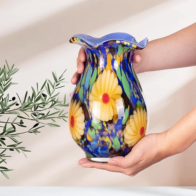 KAMMAK Colored Glass Vase, Beautiful Hand Blown Decorative Vase, Modern Art Vase for Flower Mantle Dining Table Centerpiece, Entryway Living Room Wedding Decoration, FH028