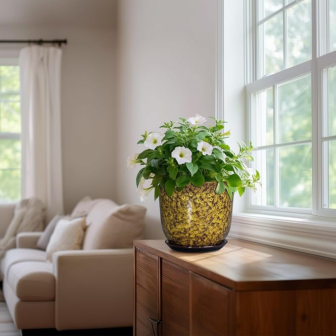 Ceramic Planter - 8 Inch Plant Pot for Indoor Outdoor, Round Flower Pots with Drainage Hole and Saucer, Modern Planter, Decorative Plant Pots, Home Office Decor, Gardening Gifts, Yellow