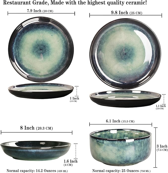 Ceramic Dinnerware Set(16 pcs) Serve 4 people, Plates & Bowls Sets, Reactive Glaze Dishes Set, Chip Resistant and Scratch Resistant, Dishwasher, Microwave Safe, Suitable for dinner, party