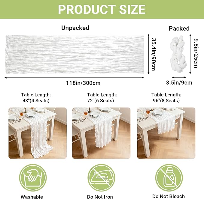 Suream Cheese Cloth Table Runner 120 Inch, White Long Table Runner for Wedding Party Baby Shower Birthday Home Decorations(6 Packs)