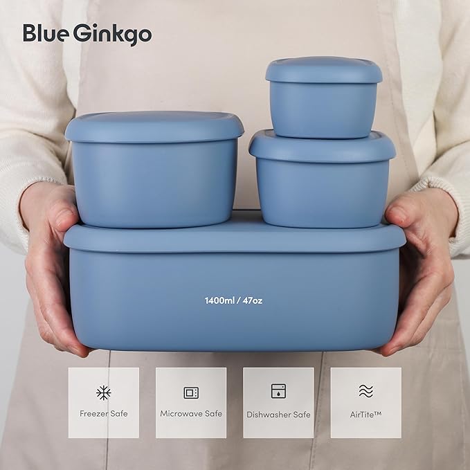 BLUE GINKGO Nesting Silicone Containers - Large Silicone Food Storage Container | BPA Free, Airtight, Dishwasher and Freezer Safe (47.5 oz) - Blue