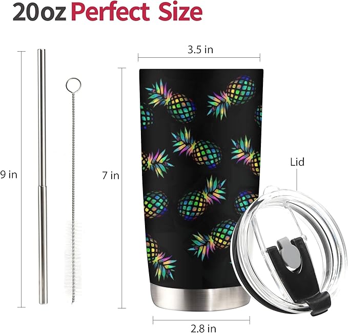 20 oz Pineapple Insulated Tumblers with Straw and Lid, Hawaiian Style Reusable Stainless Steel Coffee Cup Travel Mug for Hot and Cold Drinks Pineapple Gift