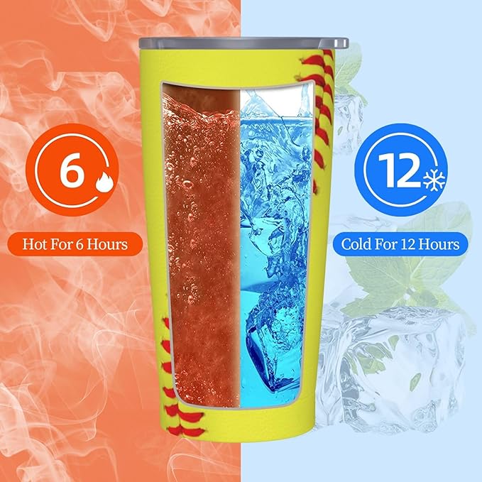 Softball Tumbler,Balls 20oz Stainless Steel Insulated Travel Tumblers,Travel Coffee Mug with Lid and Straw Water Bottle Drink Tumbler Cups Gifts for Women Men Lovers