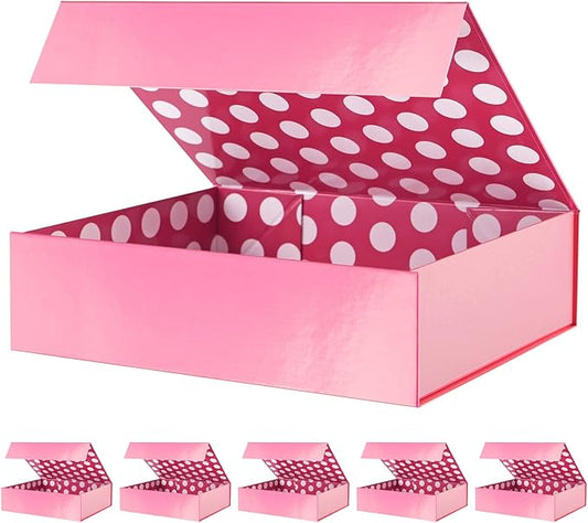 GREEN BEAN 6 Gift Boxes - Large Pink Gift Boxes with Lids, Magnetic, 13x9.7x3.4 Inches, Dot Design Inside
