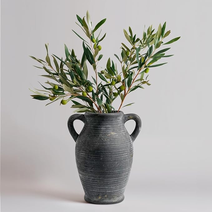 Sunddo Black Vases Home Decor, Rustic Farmhouse Ceramic Vase with 2 Handles, Vintage Stone Pottery Decorative, Living Room, Shelf Enterway, Wedding, Table Decor