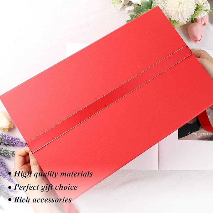 VGOODALL Red Magnetic Gift Box, 14x8.7x4.3inches Gift Box with Lid, Ribbon, Card, Envelope & Stickers for Multiple Occasions