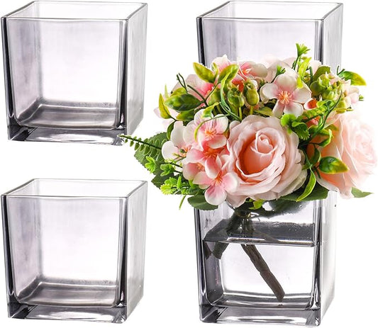 Square Glass Vases Set of 4, 5" x 5" x 5" Grey Flower Vases for Centerpieces, Square Vase for Flowers, Small Vase for Wedding, Party, Home Office Decoration