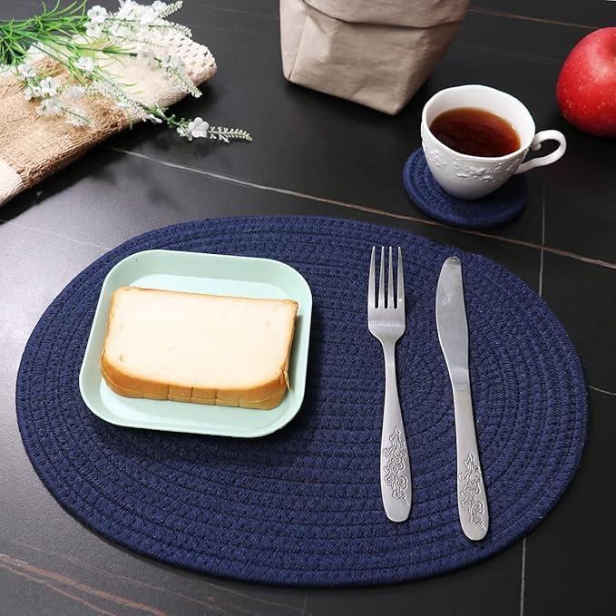 4 Pack Oval Woven Placemats, Blue Cotton Woven Plate Chargers with 4 Pack Round Coasters, Thick Heat Insulation Mats Household Table Mats Braided Bowl Mats Fabric Rustic Placemats for Dining