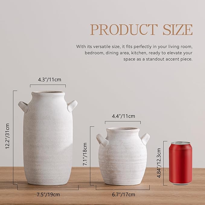 Large Flower Vase Home Decor - 12 inch Tall Ceramic Farmhouse Rustic Table Vases with Handle Living Room Decoration Decorative Rustic Pottery for Floor Kitchen Shelf Coffee Dining Desk Fireplace