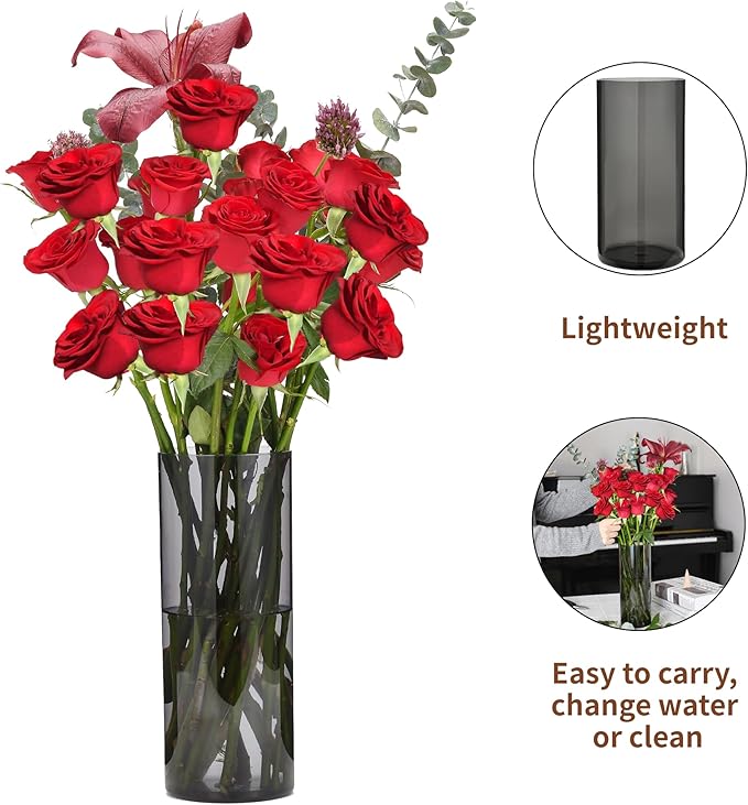Flower Vase, Non-breakable Vases, 6" W x 16" H, Acrylic Grey Vase, Aesthetic Room Decor Cylindrical Modern Flower Vases for Table Centerpiece, Home Decor, Women Floral Arrangement Gift