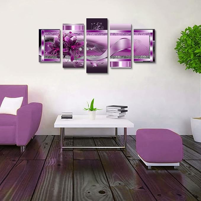 LUDUHU Purple Orchid Flowers Canvas Print - Abstract Floral Poster Wall Art Painting Decor for Home Decoration Artwork Picture Over Bedroom Purple Floral Painting(C,Oversize 60x30inch)