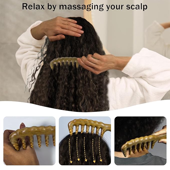 Thicken Wooden Wide Tooth Comb, Large Natural Sandalwood Hair Combs for Curls, Women and Men, Detangles Long Thick Wet or Dry Hair, Head Scalp Massager, Anti-static (Green Sandalwood)