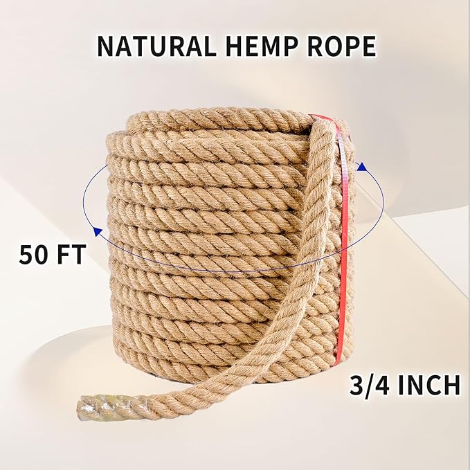 Jute Rope: Twisted Manila, 20mm Natural Thick Hemp - Heavy Duty Tug of War & Home Decor, 50 ft