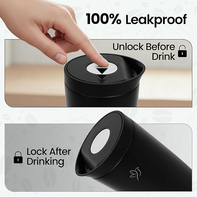 Travel Coffee Mug Tumbler, Reusable Iced Coffee Hot Coffee Cup, Double Wall Insulated Thermal Stainless Steel Material, Gift for Women Men, Perfect for Camping Travelling, 12 oz, Black