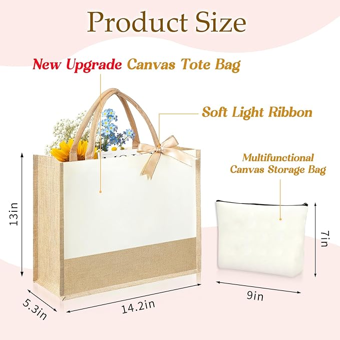 Initial Canvas Tote Bag & Makeup Bag for Women Teacher Bridesmaids，Personalized Present for Wedding, Birthday, Beach