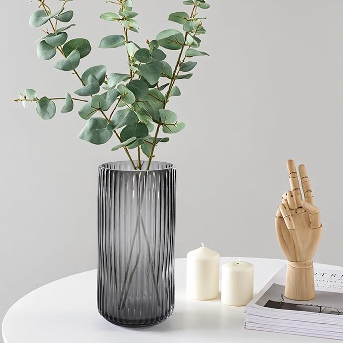 Modern Glass Vase 10 Inch Tall Grey Vases for Flowers-Thick Glass Cylinder Ribbed Vases for Bouquet, Table, Kitchen Shelf, Countertop, Decorative Flower Vase for Home Decor Living Room