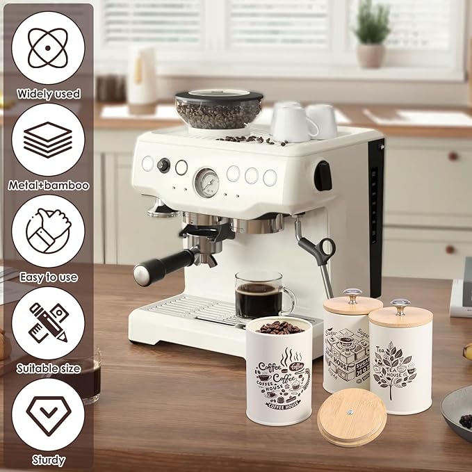 3 Pcs Vintage Tea Coffee Sugar Canister Set with Bamboo Lid, 30 oz Metal Vintage Coffee Tea Sugar Container Set for Home Countertop Pantry Farmhouse Decor