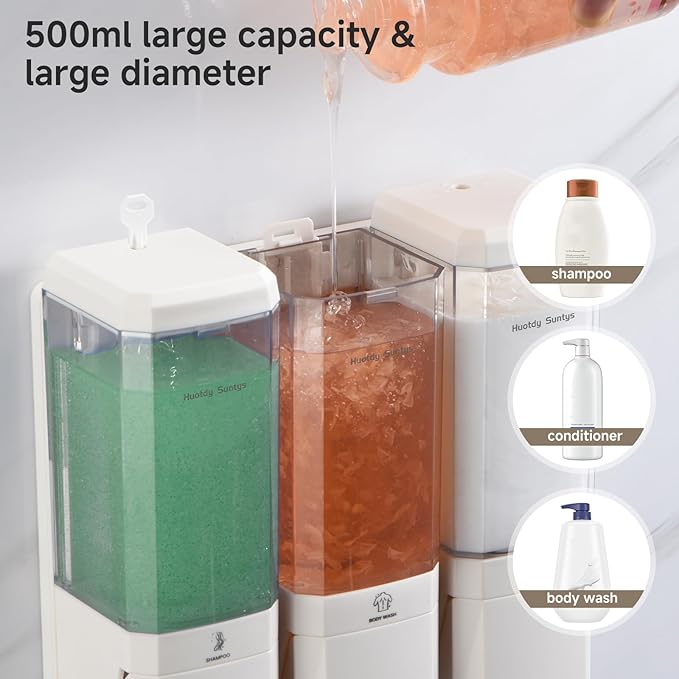 Shower Soap Dispenser Wall Mounted Shower Dispenser 3 Chamber No Drill Shampoo and Conditioner Dispenser Refillable Shampoo Dispener for Shower 3 * 500ml for Bathroom Hotel (Cream White 3 Chamber)