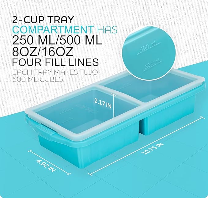 Silicone Freezer Tray With Lid-Soup Freezer Container molds-2-cup Extra Large Ice Cube Tray-makes 4 perfect 500ml portions cubes, For freezing soup,stews,sauces.Oven&Dishwasher-Safe(2-Pack)