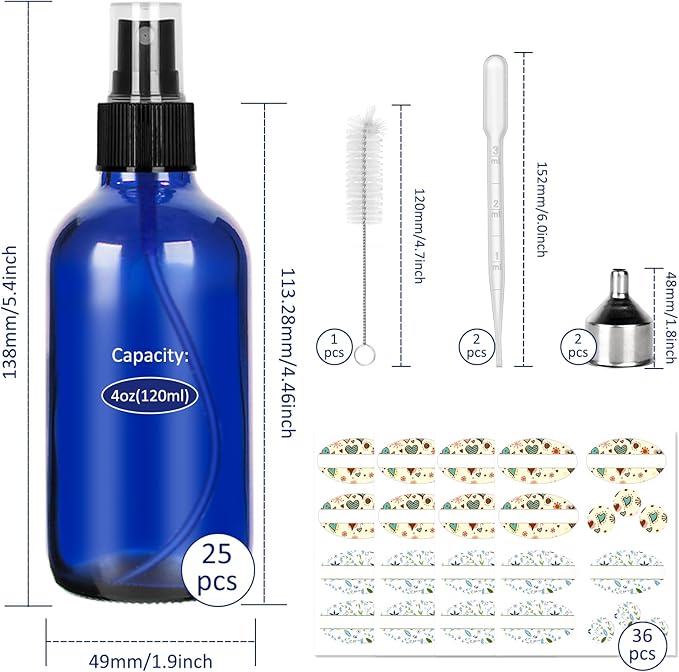 CycleMore 25 Pack 4oz Blue Glass Spray Bottles with Fine Mist Sprayers, Glass Travel Bottles for Cosmetic Essential Oils Cleaning Solutions Perfumes & More Liquids (1 Brush, 2 Funnels and 36 Labels)
