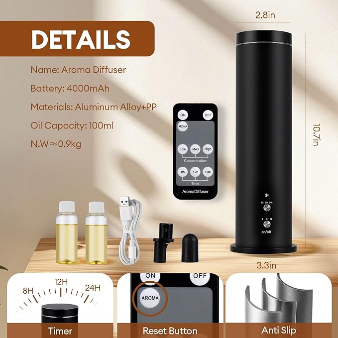 Waterless Scent Diffuser Starter Kit: 100ml Cordless Rechargeable APP Smart Remote Control - Aroma Aromatherapy Diffuser Suitable for Home Hotel 1000 Sq Ft. Coverage 2 Essential Oils