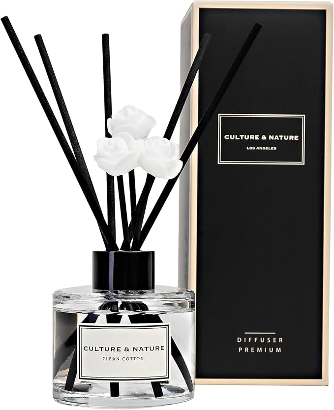 CULTURE & NATURE Reed Diffuser Set 4oz (120ml) Clean Cotton Scented Diffuser with Sticks Home Fragrance Reed Diffuser for Bathroom Shelf Decor