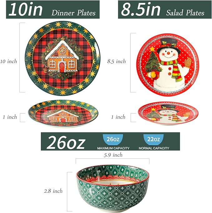 Stoneware Pasta and Bowls Set, Christmas Dinnerware sets,12 Piece for Dish set for Holiday Gatherings,Microwave and Dishwasher Safe