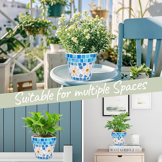 4" Mosaic Terracotta Flower Pot Small Succulent Planter with Drainage Mini Succulent Nursery Pot for Indoor Outdoor Plants Light Blue