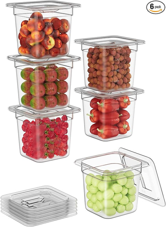 1/6 6'' 6 Pack Plastic Food Pans With Lids, Clear Food Pan, Commercial Stackable Polycarbonate Freezer-Safe for Fruits Vegetables Restaurant Kitchen