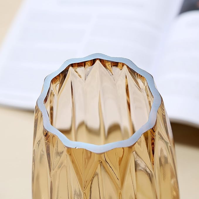 Amber Glass Vase - Modern Tall/Short Ribbed Vase for Flowers & Candles - Amber H11.8" Centerpiece HomeDecor