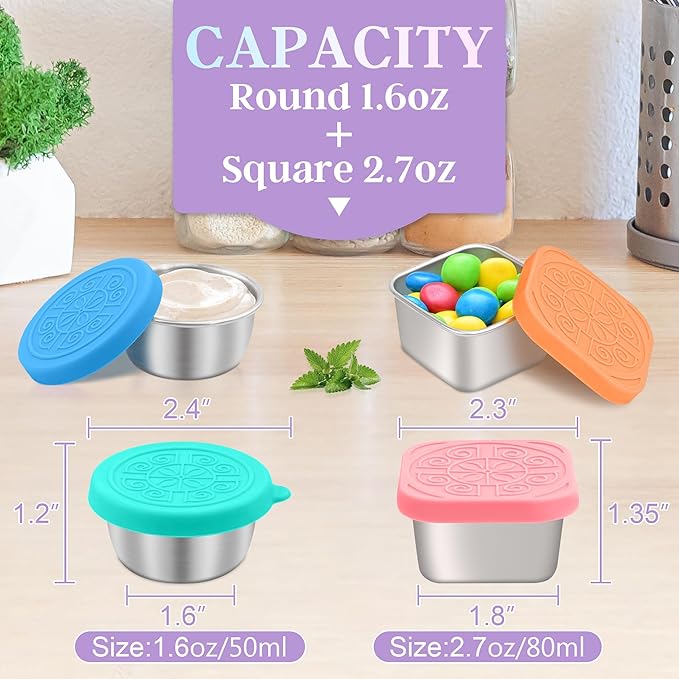 6 PCS Salad Dressing Container to Go,Handy Leakproof Stainless Steel Meal Prep Containers Reusable,Sauce Containers for Lunch Box, Picnics, Travel, Office and Kitchen Storage-1.6oz+2.7oz