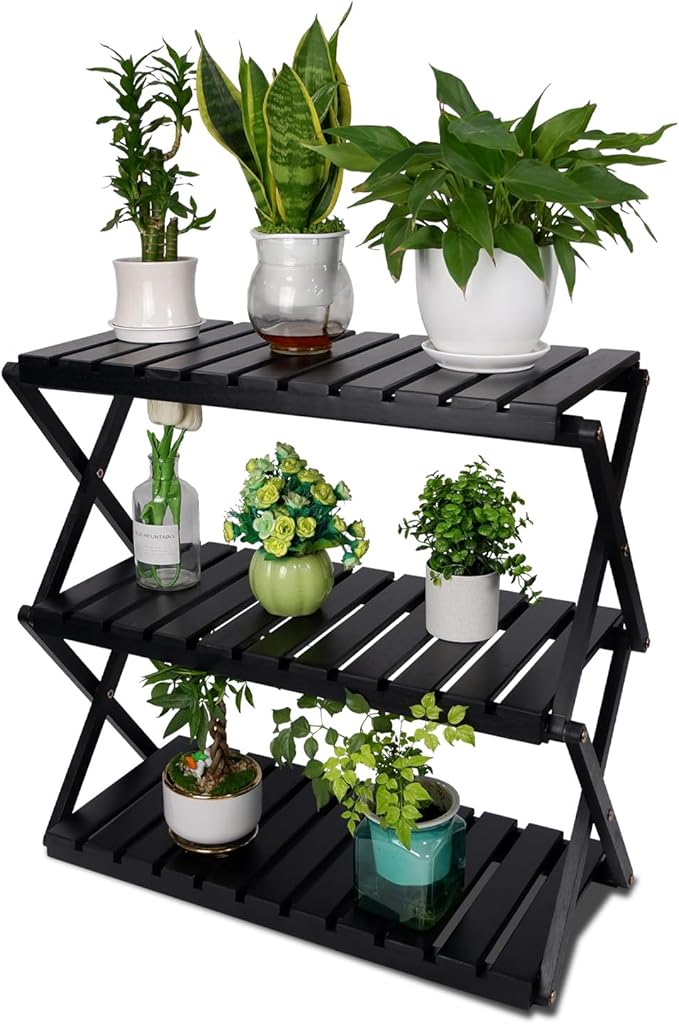 BEEFURNI Acacia Stand Indoor, Wooden Outdoor Plant Stand, Foldable Corner, 3 Tier Plant Stand, Easy Assembly, Plant Bench Patio Balcony Sunroom Decor, Christmas Gift, 1-year Warranty