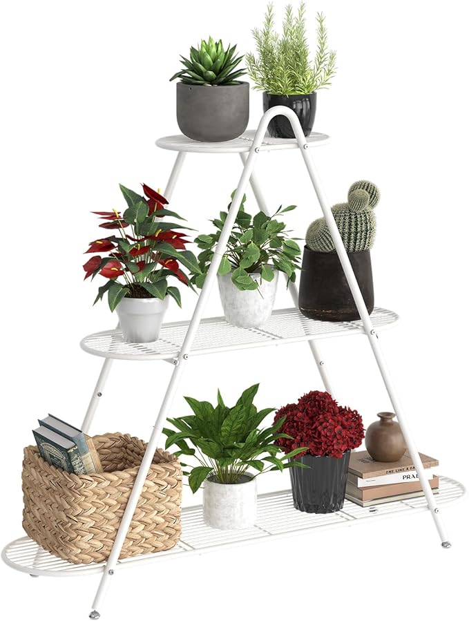 Plant Stand for Patio, 3-Tier Metal Plant Shelf–Indoor/Outdoor Display Rack for Multiple Pots, Heavy Duty Plants, Garden Flower Organizer (White)