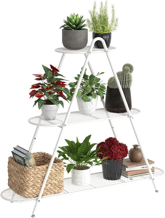 Plant Stand for Patio, 3-Tier Metal Plant Shelf–Indoor/Outdoor Display Rack for Multiple Pots, Heavy Duty Plants, Garden Flower Organizer (White)