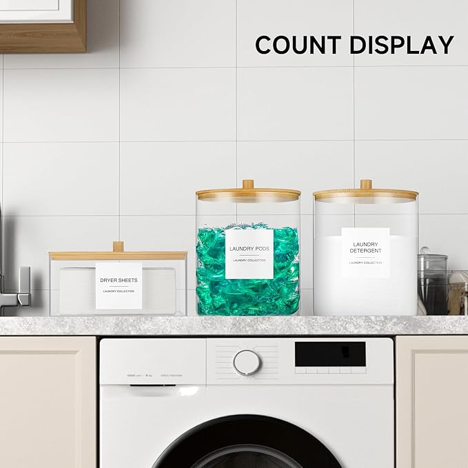 3 Pack Glass Jars and Acrylic Dryer Sheet Holder, Laundry Pods Container with Bamboo Lid and Measuring Cups for Laundry Room Organization, Powder Detergent Containers