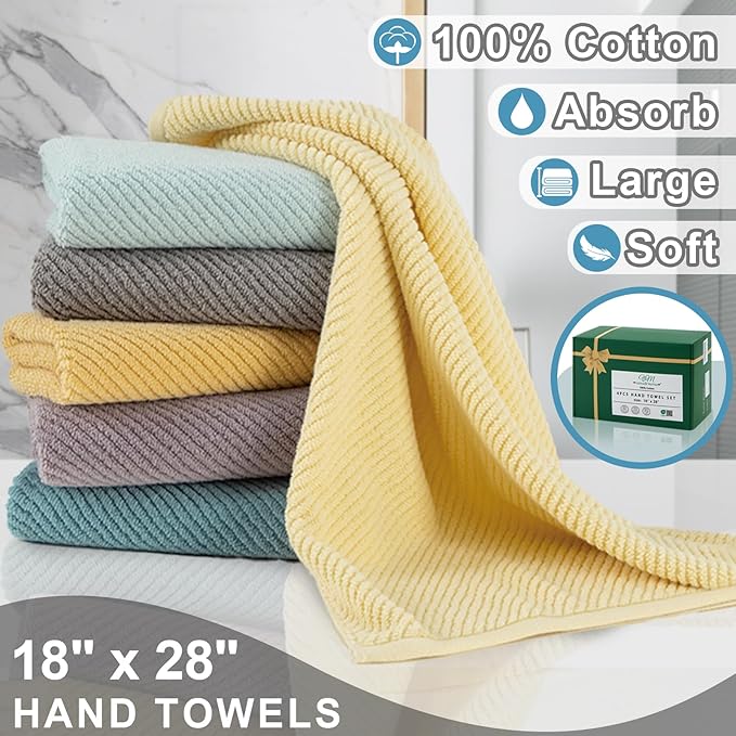 VOOVA & MOVAS Hand Towels for Bathroom Set of 4，Large 18"x 28" - 100% Cotton | Lightweight | Thick | Quick Dry | Soft | Absorbent, Bath Hand Towels, Bathroom Essentials, Blue