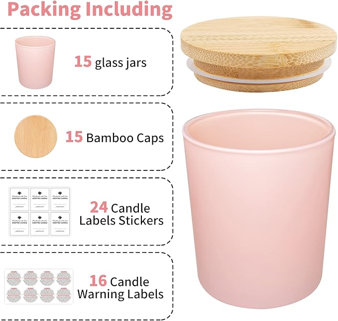 15 Pack Candle Glass Jars- 7oz Grayish Pink Empty Candle Jars with Bamboo Lids and Sticky Labels, Bulk Candle Jars for Making Candles Containers - Dishwasher Safe