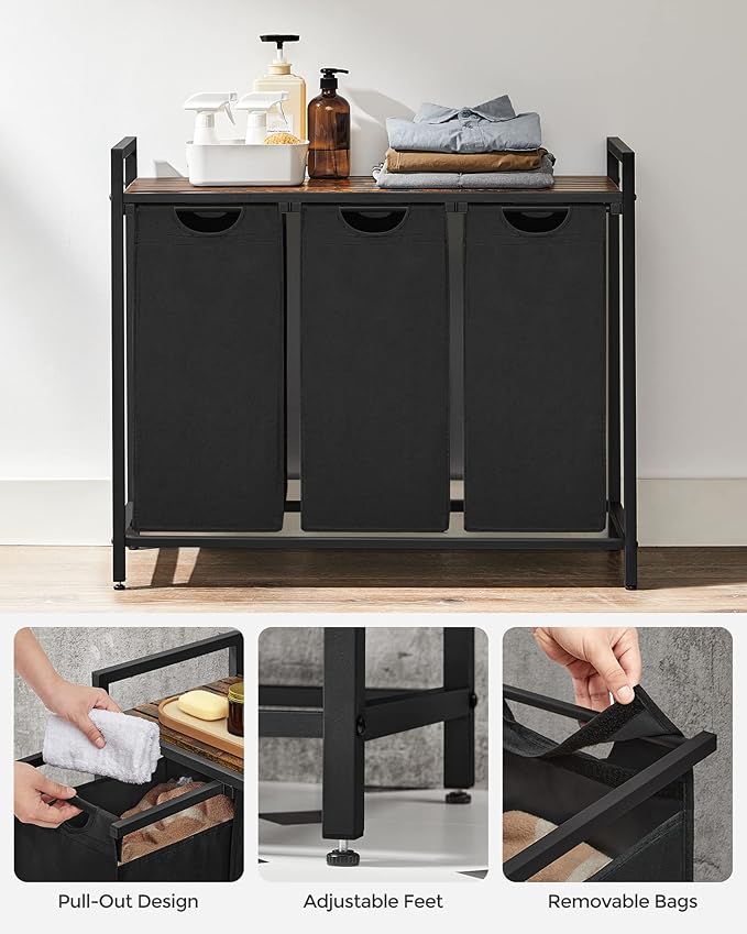 VASAGLE Laundry Hamper, Laundry Basket, Laundry Sorter with 3 Pull-Out and Removable Bags, Shelf, Metal Frame, 3 x 10.6 Gallons (40 L), 36.4 x 13 x 28.4 Inches, Ink Black and Rustic Brown UBLH301B01