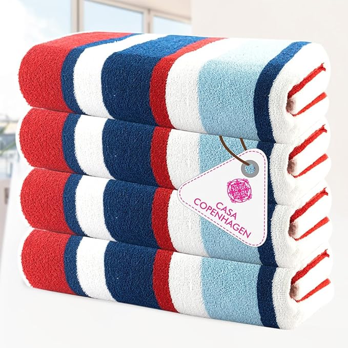 CASA COPENHAGEN Bora Bora Beach Towels Designed in Denmark Rough and Tough, Quick Dry, for Pool, Bath & Shower 30x60 inches 4 Pieces Cotton Beach Bath Towels Set - Red