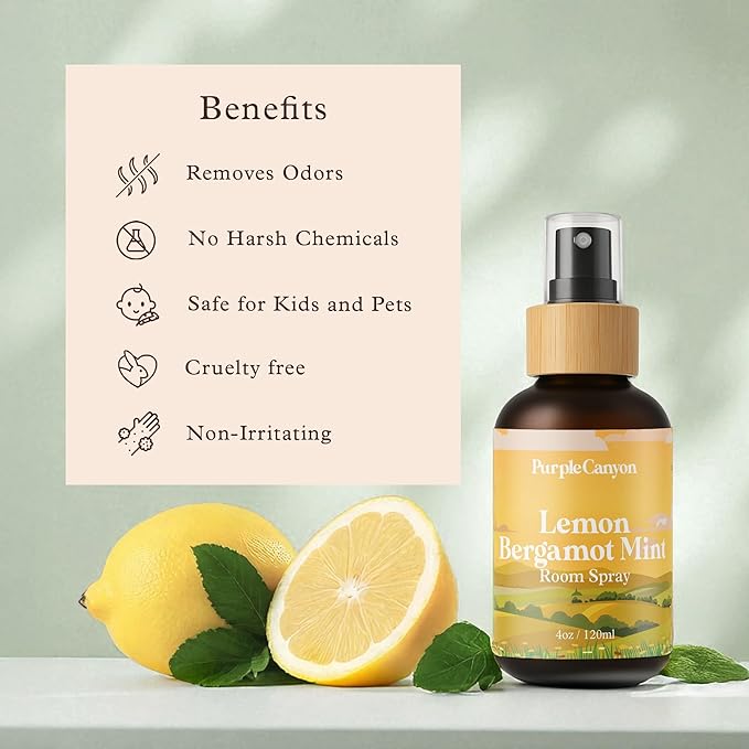 Purple Canyon Lemon Bergamot Mint Room Spray — 4 oz Natural Linen & Room Freshener — Bright Citrus & Mint Fragrance Mist — Energizing & Crisp — Premium Natural Fragrance Oils
