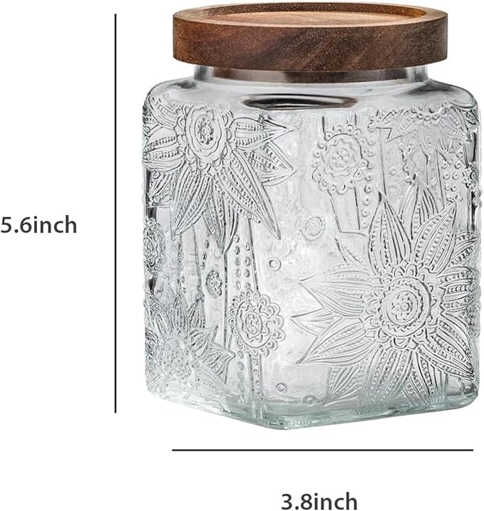 Snminetal Vintage Glass Airtight Storage Jar, With Airtight Wood Lid, Kitchen Food Storage Containers,for Kitchen Counter, Pantry, Tea, Sugar, Coffee Tea Beans,Flour,Food Storage Jar (Sunflower*2)