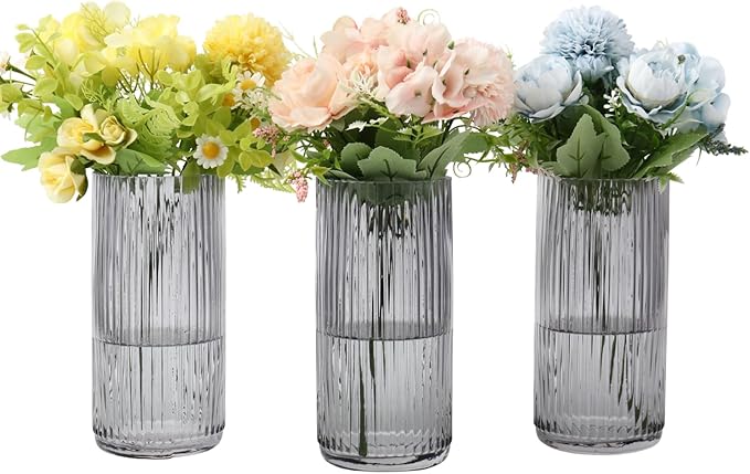 Black Glass Vases, Flower Vases Set of 3, Ribbed Glass Vase for Tulips, Tall Cylinder Glass Vases for Living Room, Bedroom, Dining Table, Office, Wedding, Bookshelf Decoration, 8 Inches